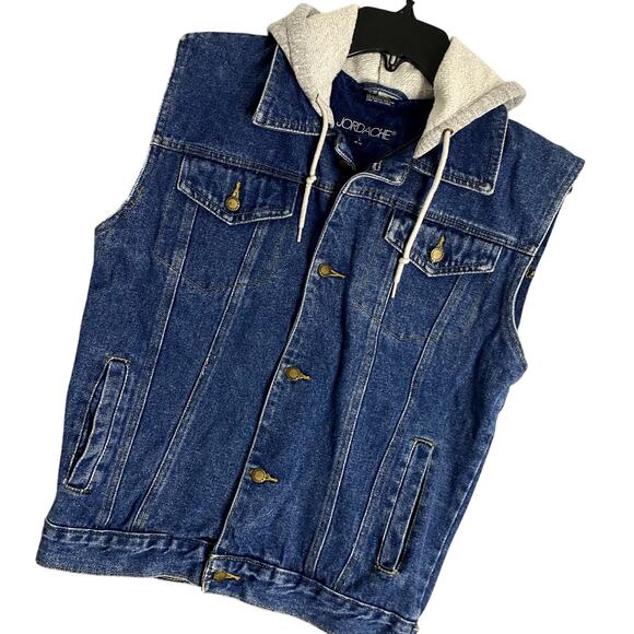 Jordache Hooded Denim Vest Womens L Blue Jean Button Up Pockets Y2K Street Biker - Picture 1 of 12